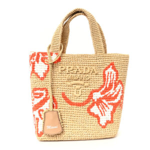 Pre-owned Prada Raffia Floral Small Logo Tote Naturale Arancio