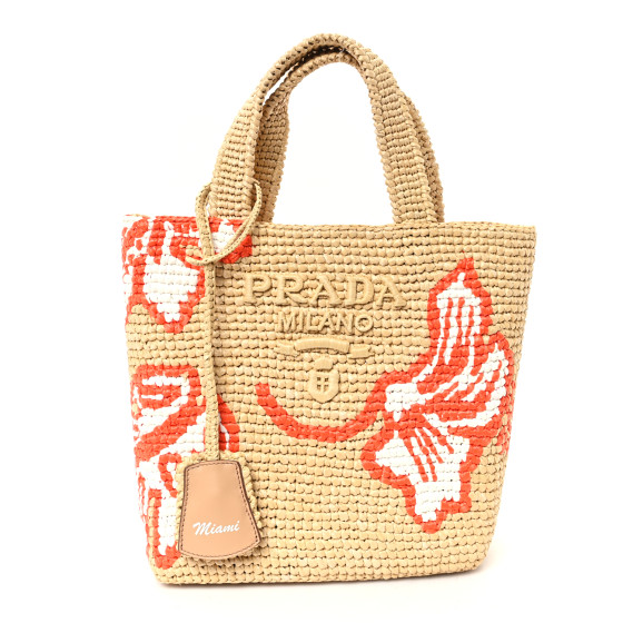 Pre-owned Prada Raffia Floral Small Logo Tote Naturale Arancio