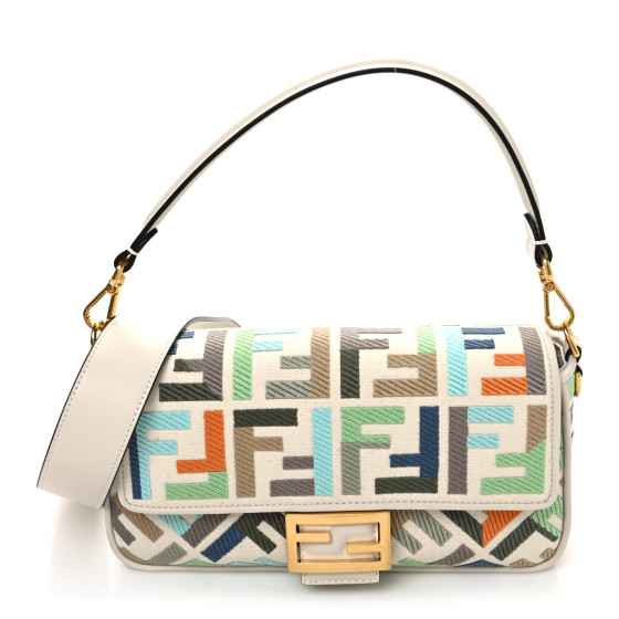 Pre-owned Fendi Canvas Vitello Seta FF Multicolor Embroidered Baguette Grezzo Multicolor Latte