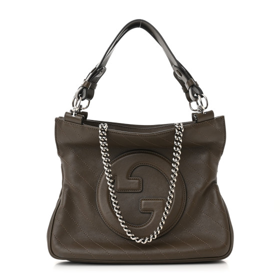 Pre-owned Gucci Sakai Be Green Calfskin Diagonal Stitched Small Blondie Tote Craclet Brown