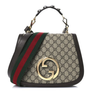 Pre-owned Gucci GG Supreme Monogram Textured Dollar Calfskin Web Medium Blondie Top Handle Shoulder Flap Bag Beige Ebony New Acero