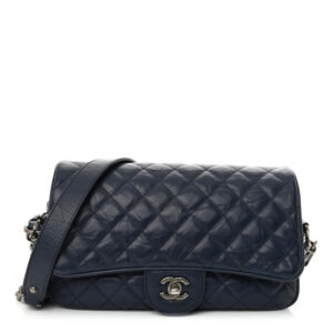 Pre-owned Chanel Crumpled Calfskin Quilted Medium Casual Rock Flap Navy