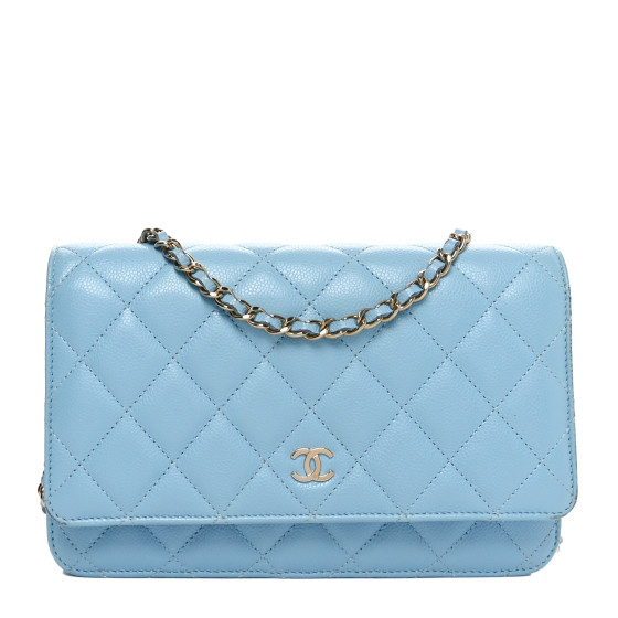 Pre-owned Chanel Caviar Quilted Wallet on Chain WOC Light Blue