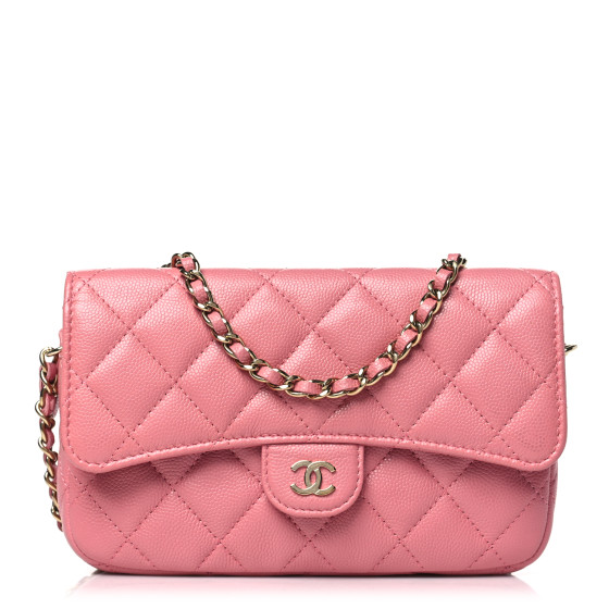 Pre-owned Chanel Caviar Quilted Flap Phone Holder With Chain Pink