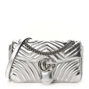 Pre-owned Gucci Metallic Calfskin Matelasse Small GG Marmont Shoulder Bag Silver