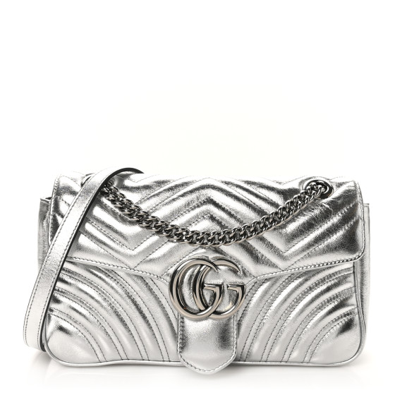 Pre-owned Gucci Metallic Calfskin Matelasse Small GG Marmont Shoulder Bag Silver