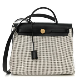 Pre-owned Hermes Vache Hunter Toile Quadrille Viking Herbag Zip Retourne 31 PM Ecru Black