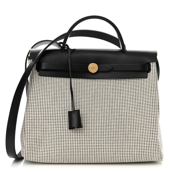 Pre-owned Hermes Vache Hunter Toile Quadrille Viking Herbag Zip Retourne 31 PM Ecru Black