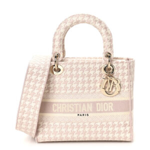 Pre-owned Christian Dior Canvas Houndstooth Embroidered Medium Lady D-Lite Pink