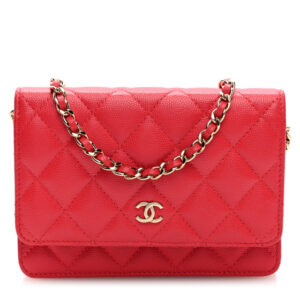 Pre-owned Chanel Caviar Quilted Mini Wallet On Chain WOC Red