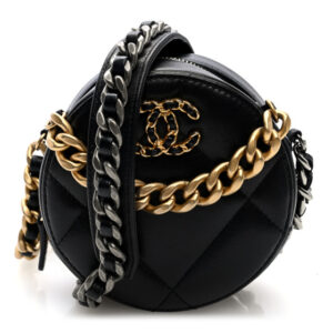 Pre-owned Chanel Lambskin Quilted Chanel 19 Round Clutch With Chain Black