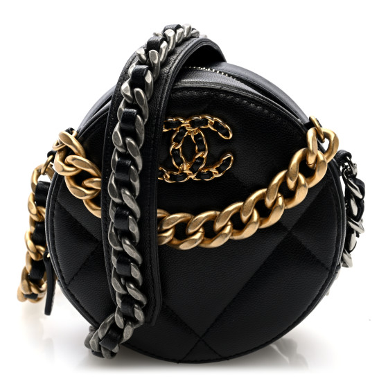 Pre-owned Chanel Lambskin Quilted Chanel 19 Round Clutch With Chain Black
