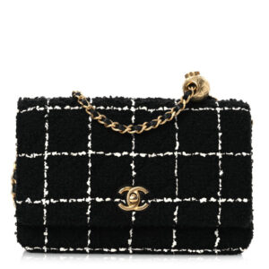 Pre-owned Chanel Tweed Quilted CC Pearl Crush Wallet On Chain WOC Black