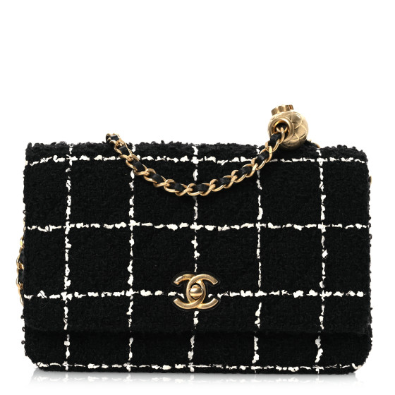 Pre-owned Chanel Tweed Quilted CC Pearl Crush Wallet On Chain WOC Black
