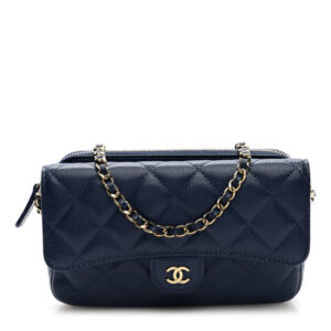 Pre-owned Chanel Caviar Quilted Flap Phone Holder With Chain Navy Blue