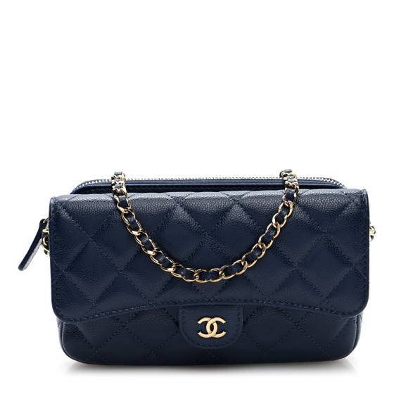 Pre-owned Chanel Caviar Quilted Flap Phone Holder With Chain Navy Blue