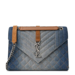 Pre-owned Saint Laurent Denim Mixed Matelasse Triquilt Medium Monogram Envelope Satchel Blue