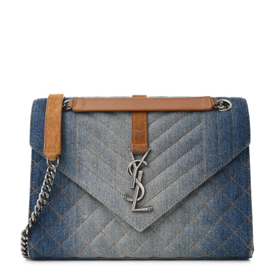 Pre-owned Saint Laurent Denim Mixed Matelasse Triquilt Medium Monogram Envelope Satchel Blue