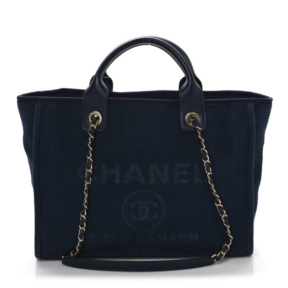 Pre-owned Chanel Mixed Fibers Calfskin Medium Deauville Tote Navy Blue