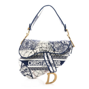Pre-owned Dior Canvas Embroidered Around the World Saddle Bag Blue