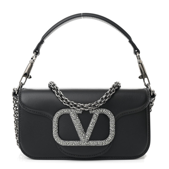 Pre-owned Valentino Garavani Calfskin Crystal Vlogo Small Loco Shoulder Bag Black