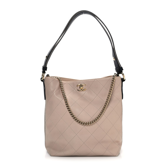 Pre-owned Chanel Calfskin Stitched Large Stripe Hobo Beige Black