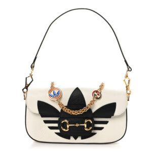Pre-owned Gucci X ADIDAS Textured Dollar Calfskin Web Trefoil Mini Horsebit 1955 Shoulder Bag Off White Black