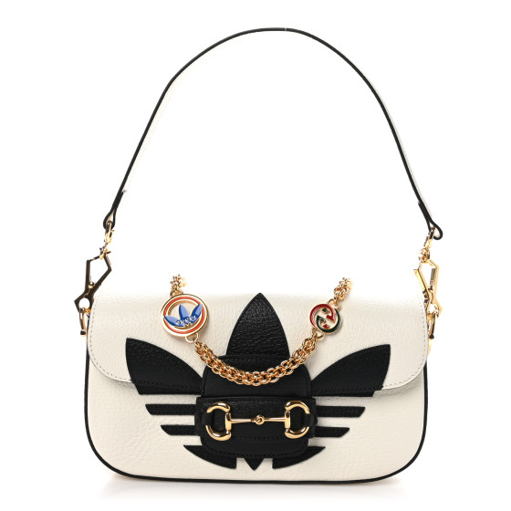 Pre-owned Gucci X ADIDAS Textured Dollar Calfskin Web Trefoil Mini Horsebit 1955 Shoulder Bag Off White Black