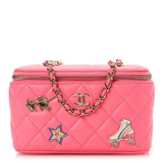 Pre-owned Chanel Lambskin Enamel Quilted Roller Skate Small Vanity Case With Chain Pink