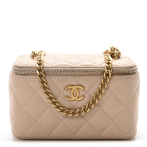 Pre-owned Chanel Lambskin Quilted Sweet Camellia Small Vanity Case With Chain Pink