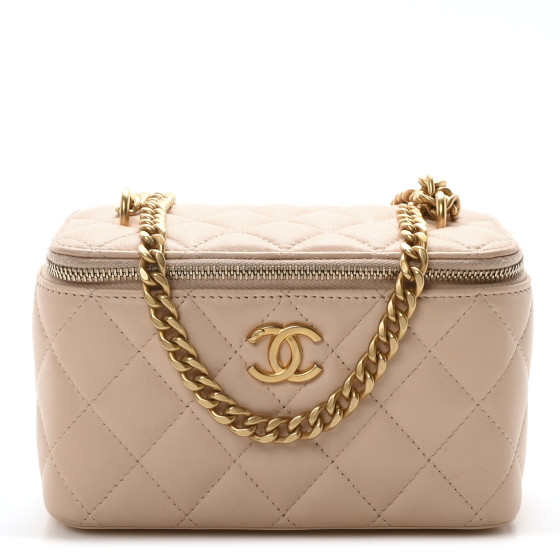 Pre-owned Chanel Lambskin Quilted Sweet Camellia Small Vanity Case With Chain Pink
