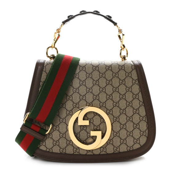Pre-owned Gucci GG Supreme Monogram Textured Dollar Calfskin Web Medium Blondie Top Handle Shoulder Flap Bag Beige Ebony New Acero