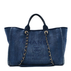 Pre-owned Chanel Mixed Fibers Striped Medium Deauville Tote Navy Blue