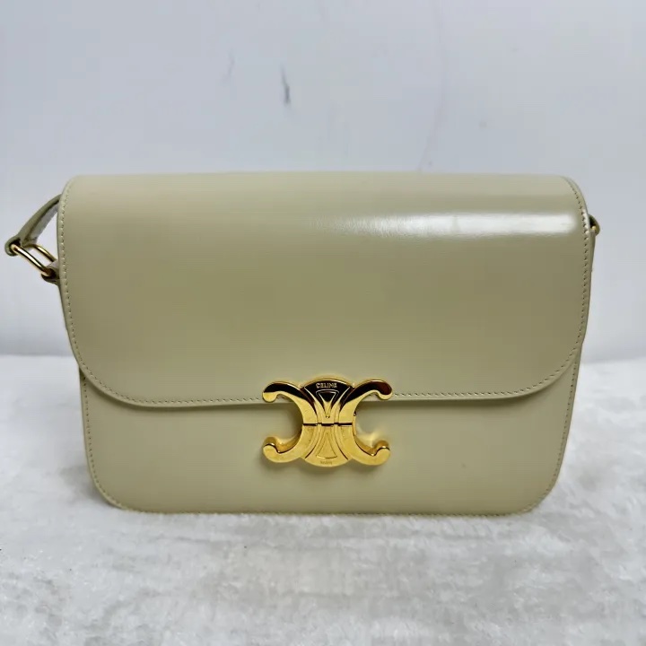Pre-owned Celine Triomphe White Cowhide Shoulder Bag Handbag BJ2023