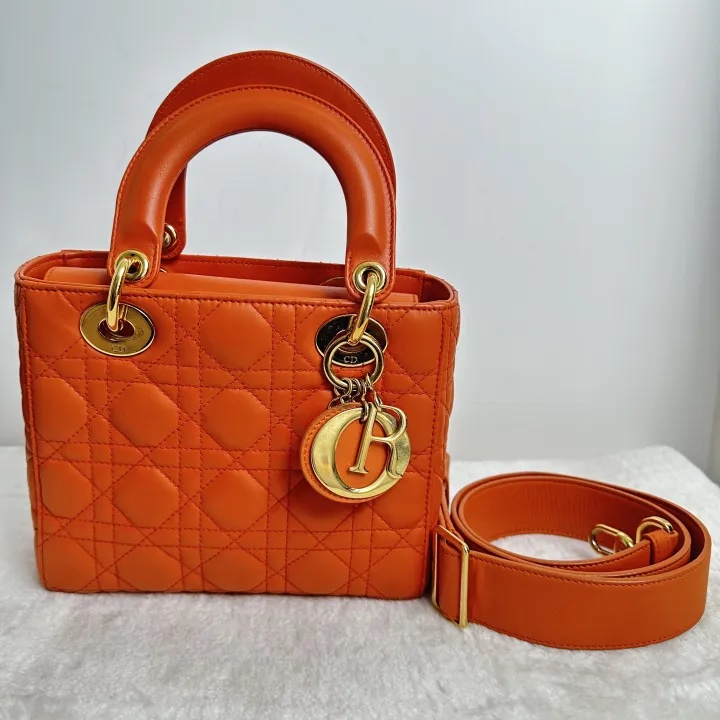 Pre-owned Dior Lady Dior Orange Lambskin Handbag Shoulder Bag BJ2016