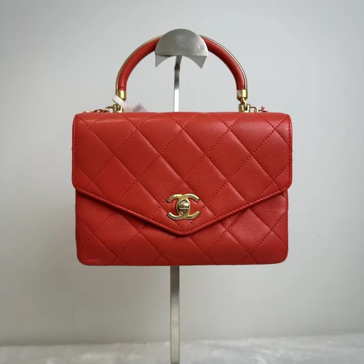 Pre-owned Chanel Accordion Bag Coral Red Cowhide Handbag Crossbody Bag BJ2018-2019