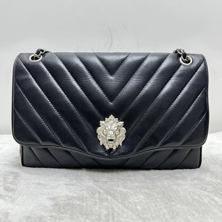 Pre-owned Chanel Classic Flap Vintage Lion Head V-Stitch Limited Edition Black Silver Cowhide Shoulder Bag Crossbody Bag BJ2010-2011