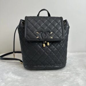 Pre-owned Chanel Vanity Case Black Gold Cowhide Backpack Handbag