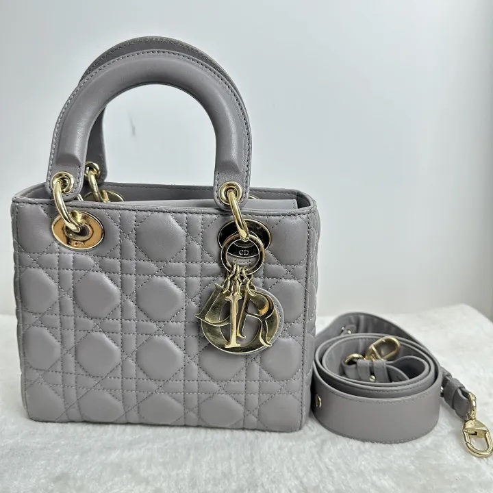 Pre-owned Dior Lady Dior Gray Lambskin Handbag Shoulder Bag BJ2021