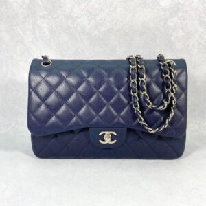 Pre-owned BJ1109905030 Chanel Classic Flap Double Flap Navy Blue Grained Calfskin Shouder Bag